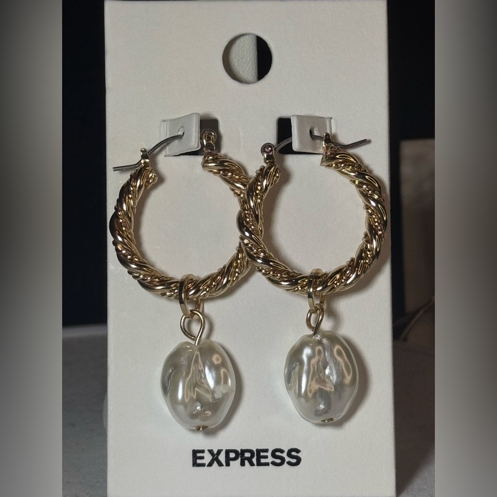 EXPRESS Gold Tone Textured Hoop Earnings With removable Hoop Charm 2 inch approx